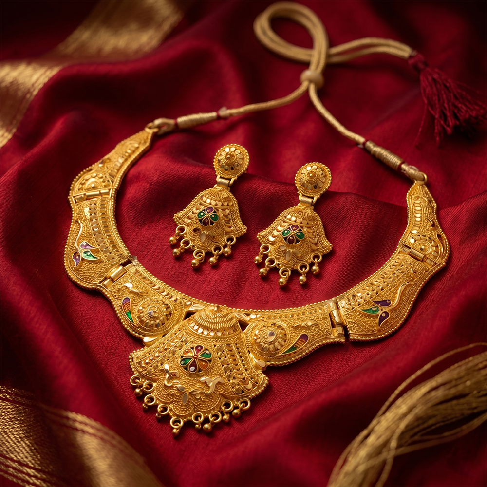 The99Jewel Gold Look Forming Traditional Designer Gold Plated Necklace Set for Women