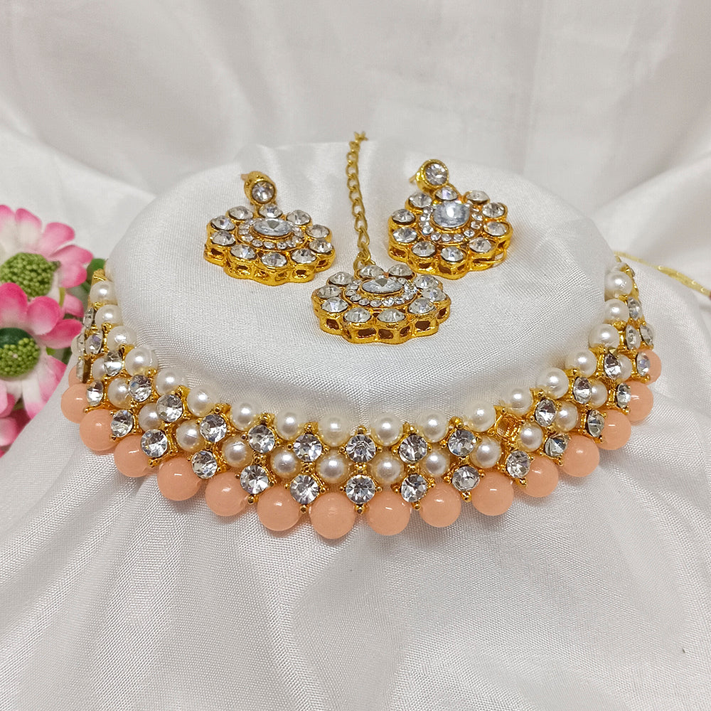 The99Jewel Peach Pearl Choker Small Necklace Set With Earrings