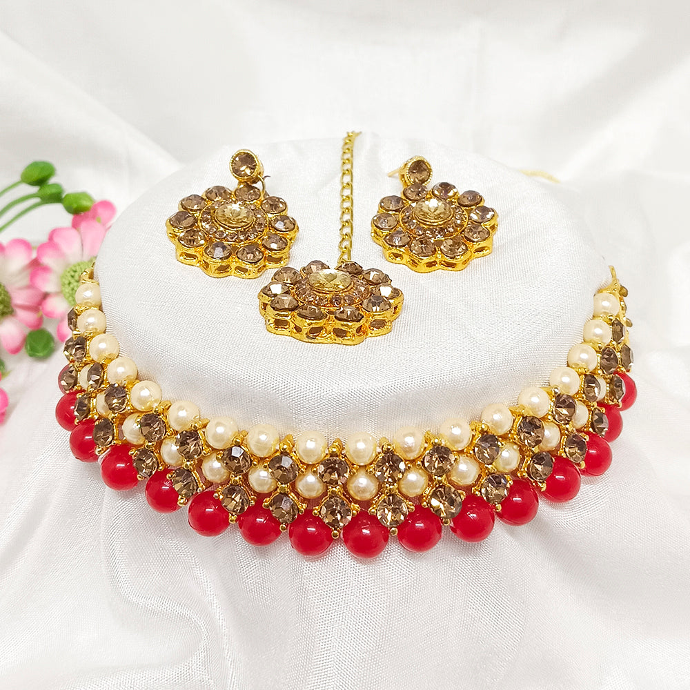 The99Jewel Red Pearl Choker Small Necklace Set With Earrings
