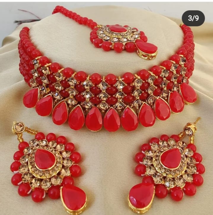 The99Jewel Red Pearl Choker Small Necklace Set With Earrings