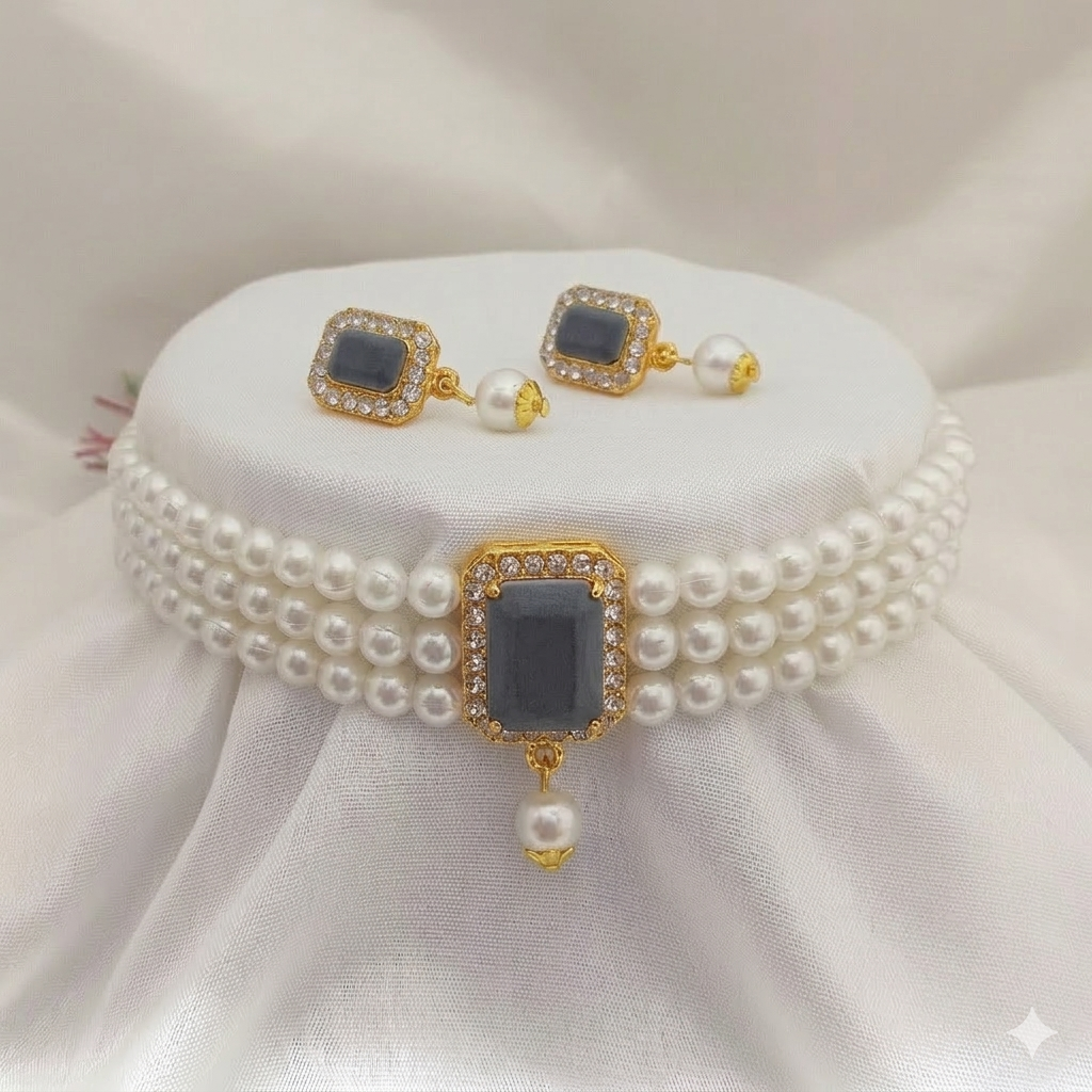 The99Jewel Grey Pearl Choker Small Necklace Set With Earrings