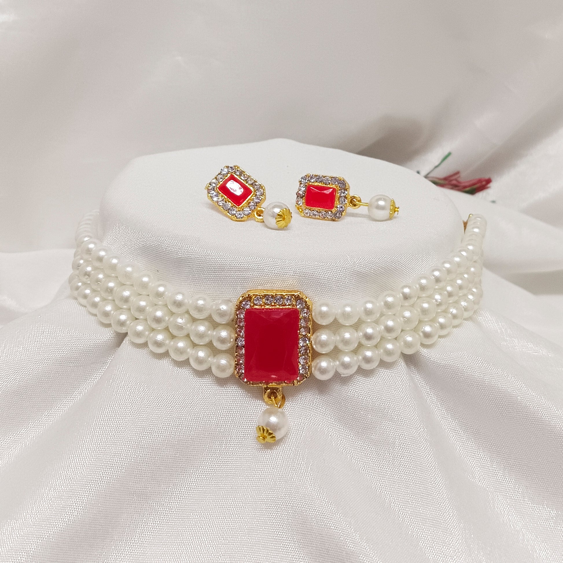 The99Jewel Red Pearl Choker Small Necklace Set With Earrings
