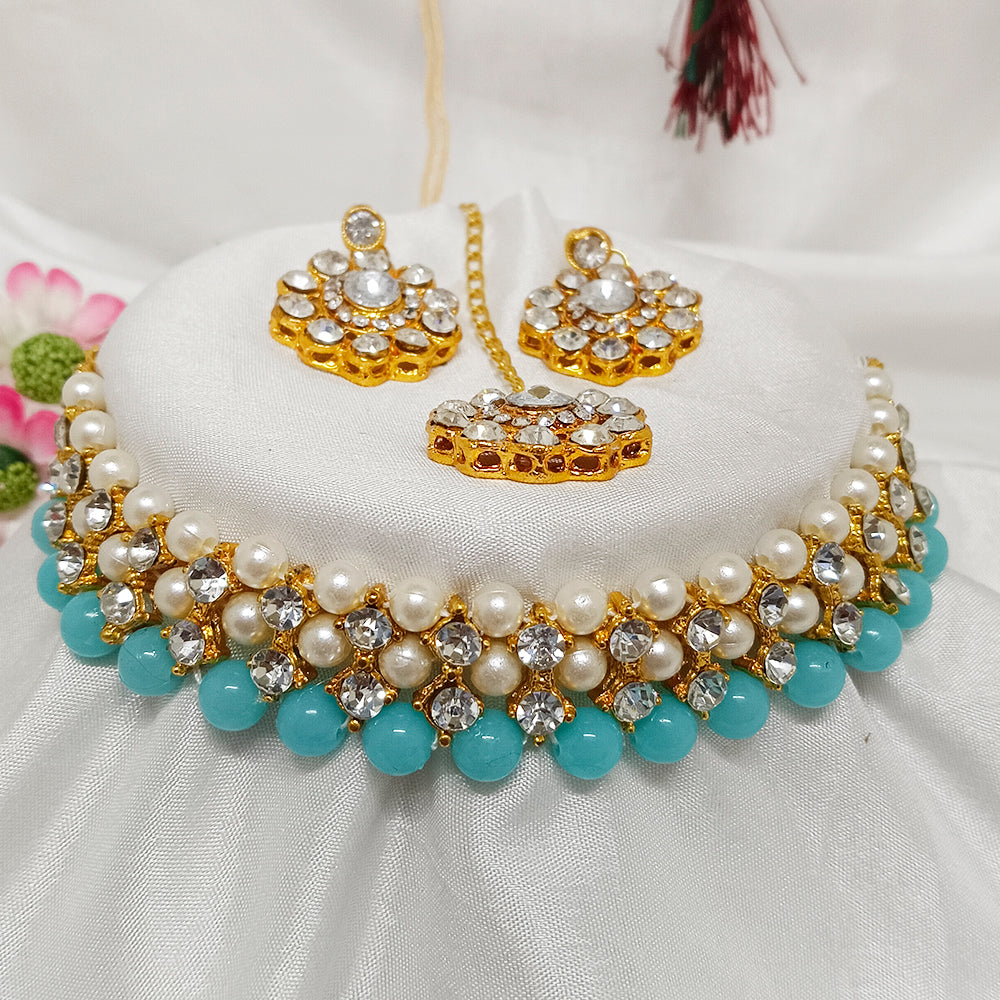 The99Jewel Light Blue Pearl Choker Small Necklace Set With Earrings