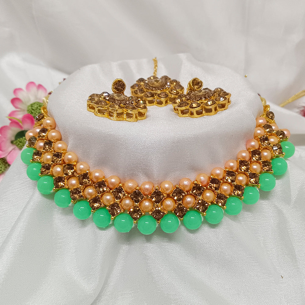 The99Jewel Light Green Pearl Choker Small Necklace Set With Earrings