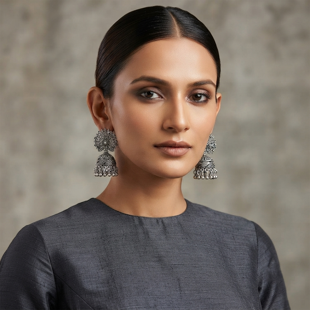 The99Jewel Ethnic Oxidised Silver Jhumki Earrings for Women