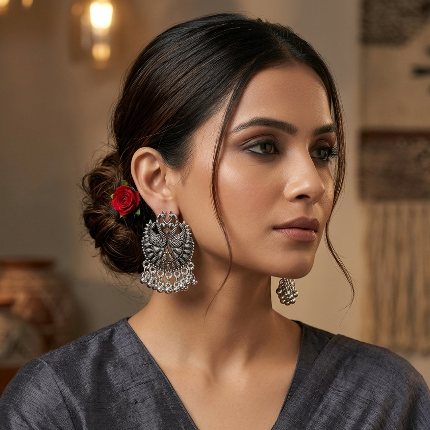 the99jewel Oxidised Plated Peacock Dangler Earrings