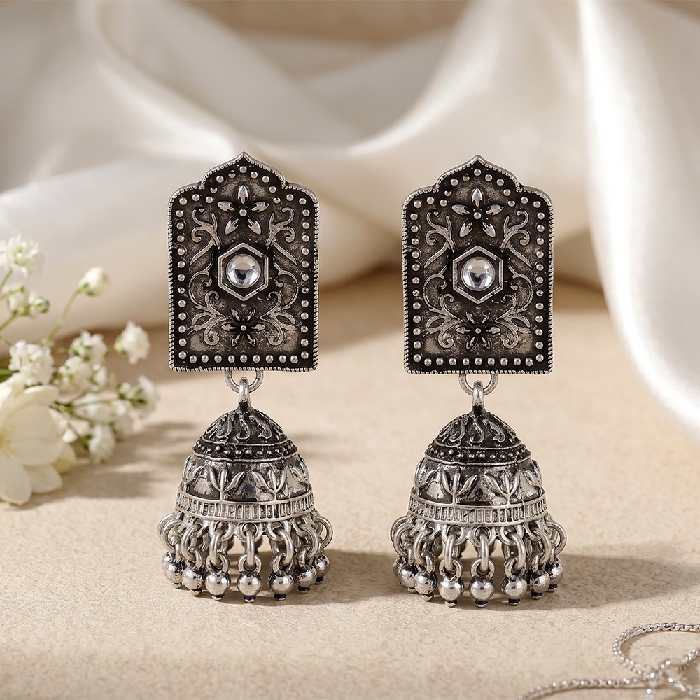 The99Jewel Antique Oxidised Silver Stone Jhumka Earrings