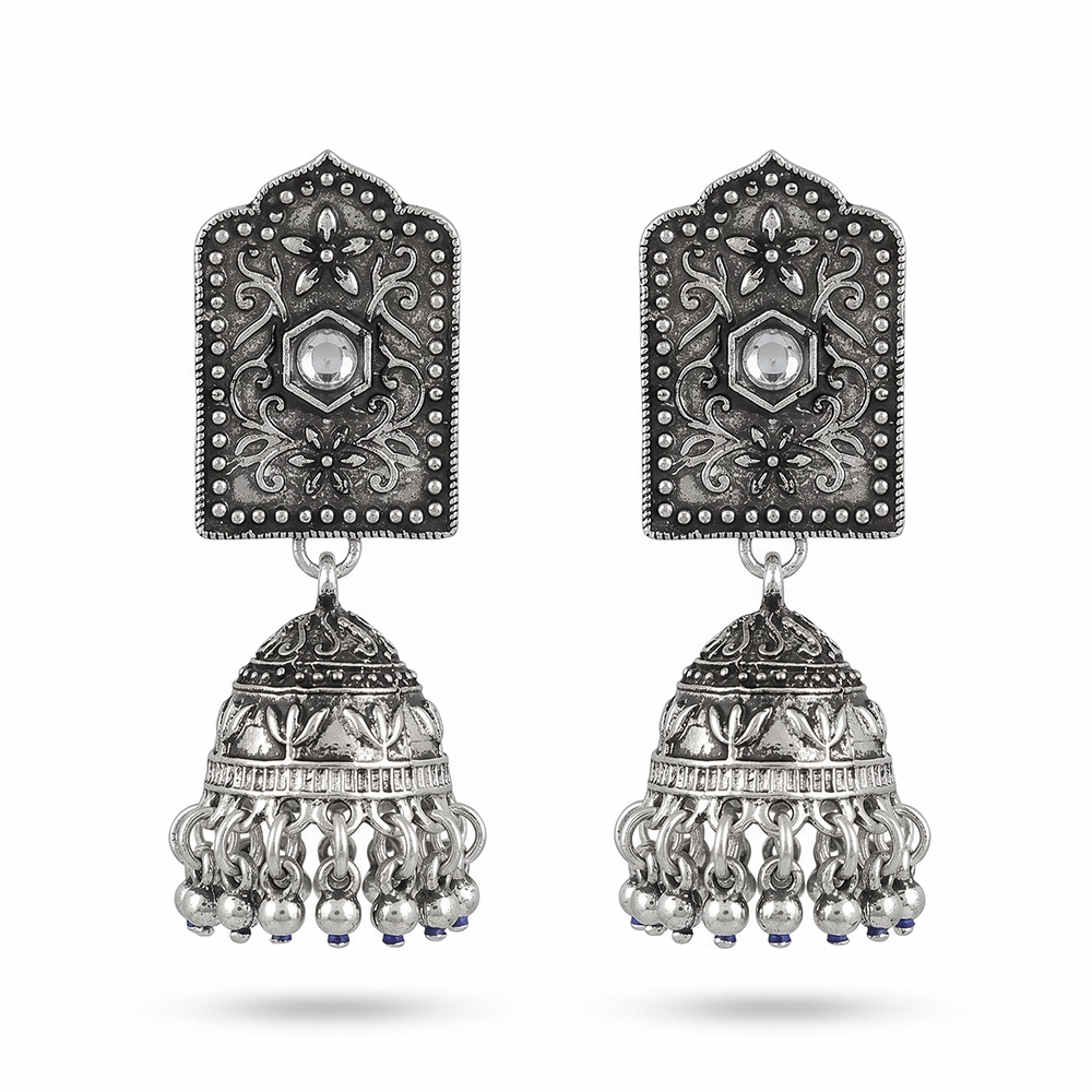 The99Jewel Antique Oxidised Silver Stone Jhumka Earrings