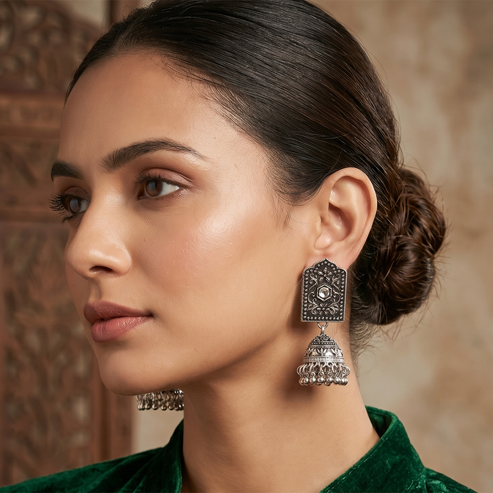 The99Jewel Antique Oxidised Silver Stone Jhumka Earrings