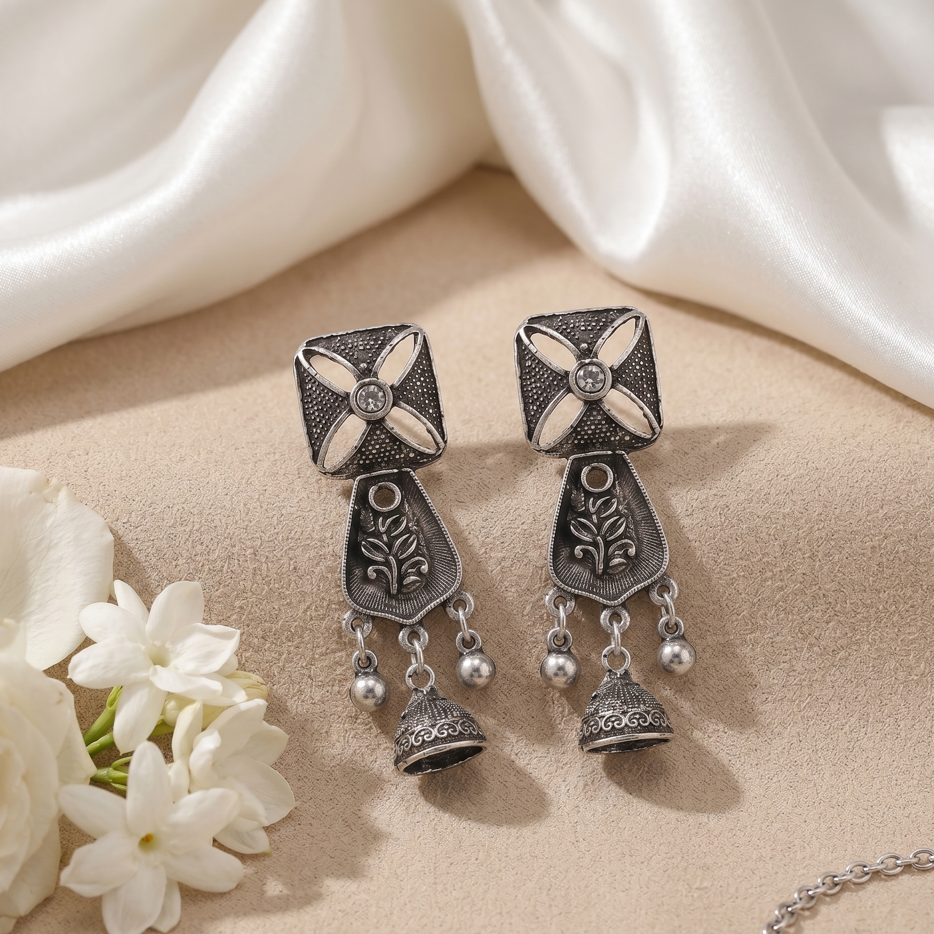 The99Jewel Antique Oxidised Silver Stone Jhumka Earrings