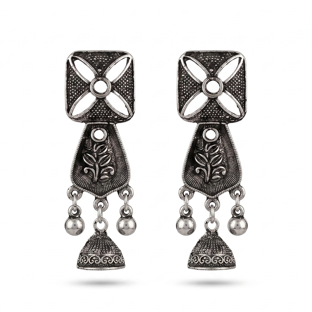 The99Jewel Antique Oxidised Silver Stone Jhumka Earrings