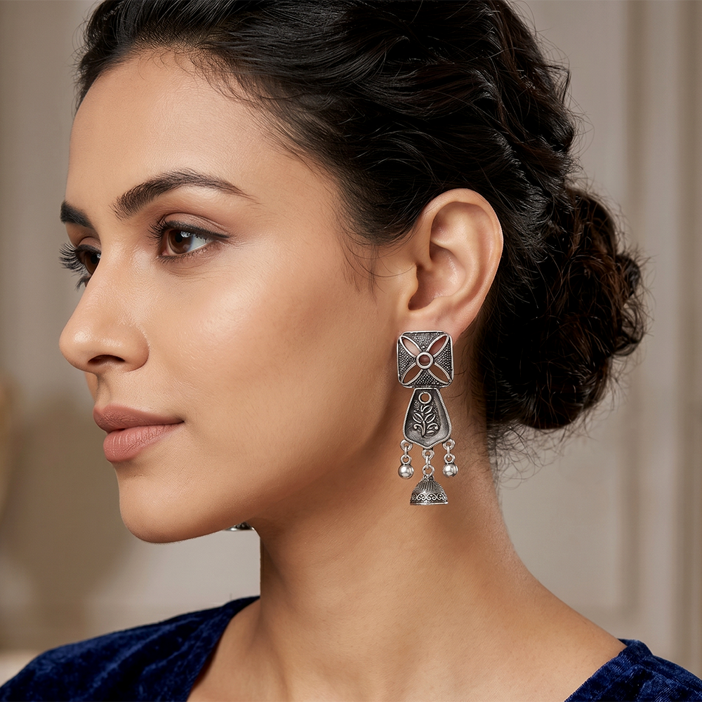 The99Jewel Antique Oxidised Silver Stone Jhumka Earrings