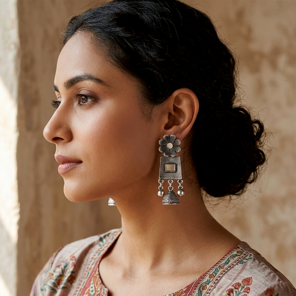 The99Jewel Antique Silver-Toned Oxidised Dangler Earrings