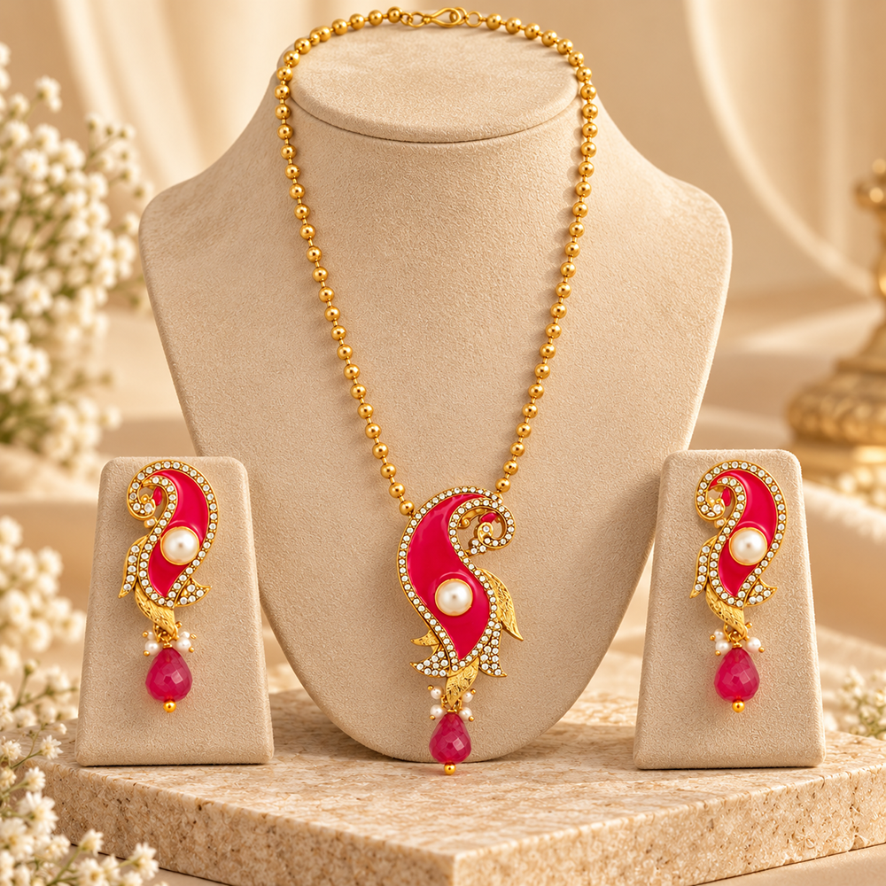 The99Jewel Dark Pink Meenakari Work Pearl Pendant Set