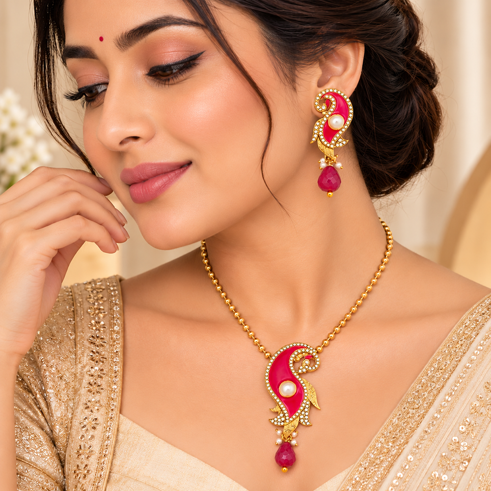 The99Jewel Dark Pink Meenakari Work Pearl Pendant Set
