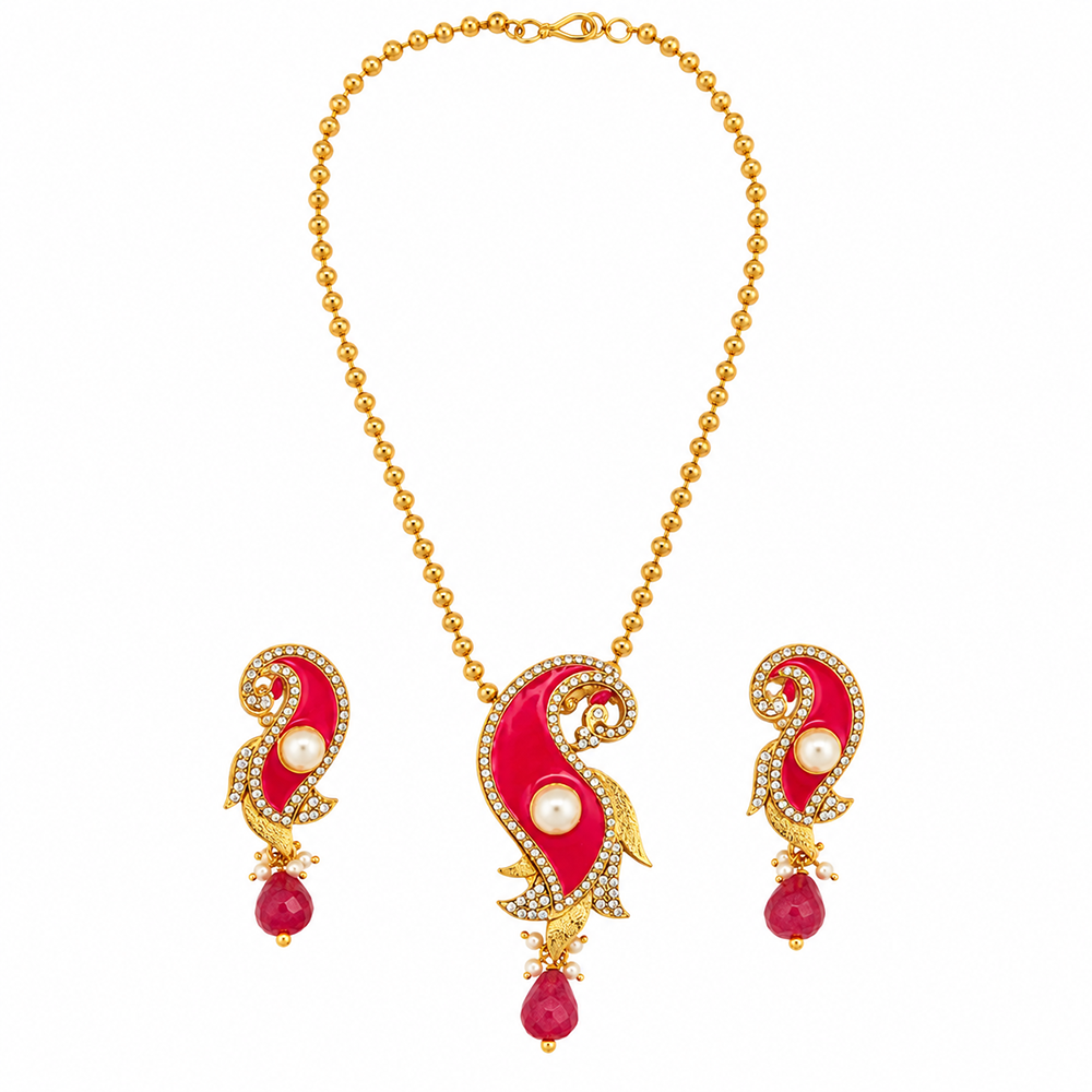 The99Jewel Dark Pink Meenakari Work Pearl Pendant Set