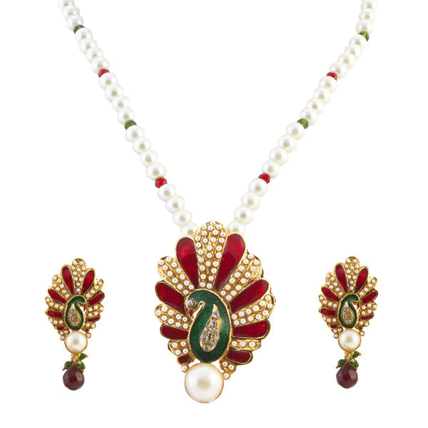 The99Jewel Red Meenakari Peacock Pearl Pendant Set