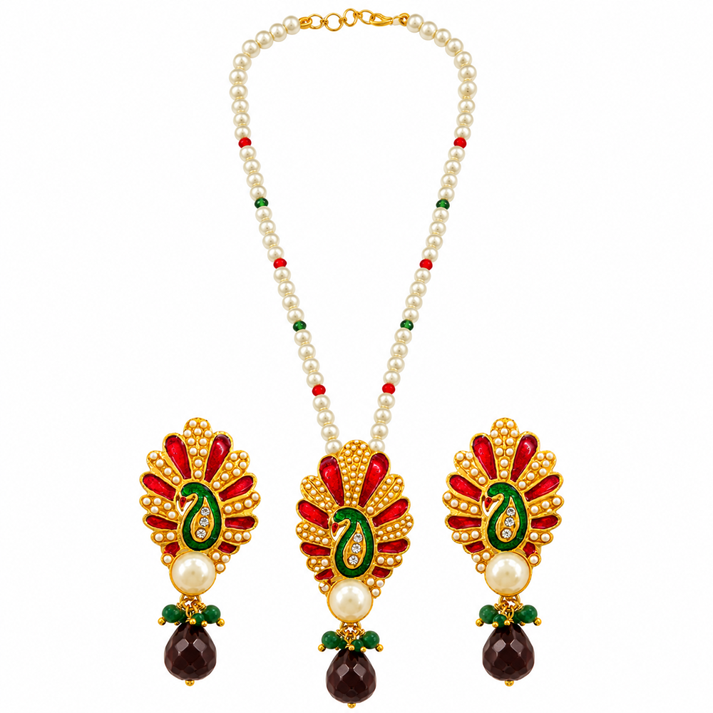 The99Jewel Red Meenakari Peacock Pearl Pendant Set For Women