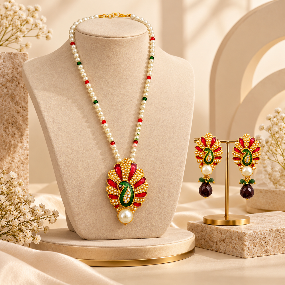The99Jewel Red Meenakari Peacock Pearl Pendant Set For Women