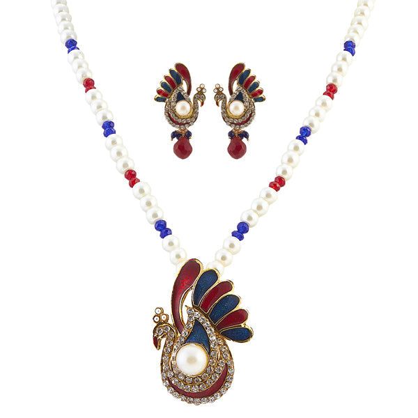 The99Jewel Red Austrian Stone Peacock Pearl Pendant Set