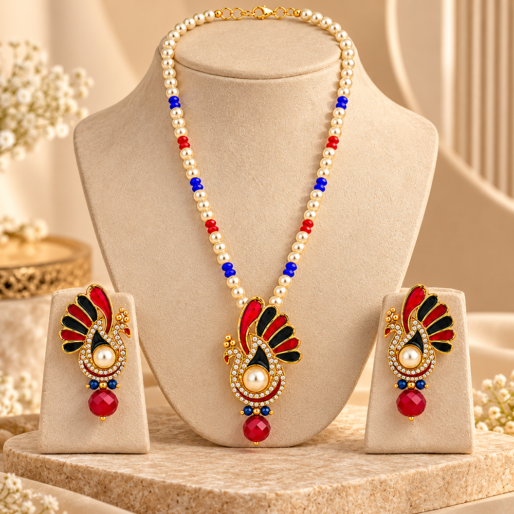 The99Jewel Red Austrian Stone Peacock Pearl Pendant Set For Women
