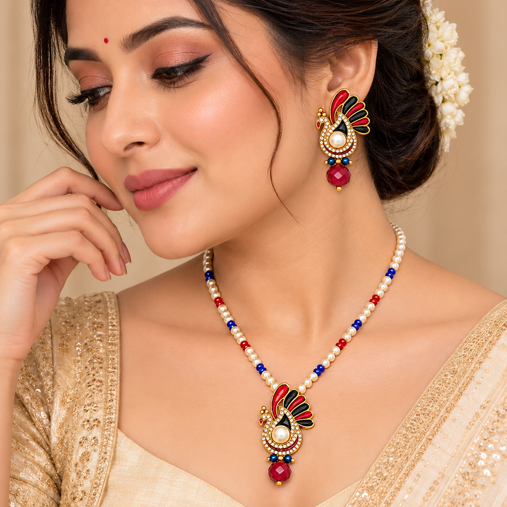 The99Jewel Red Austrian Stone Peacock Pearl Pendant Set For Women