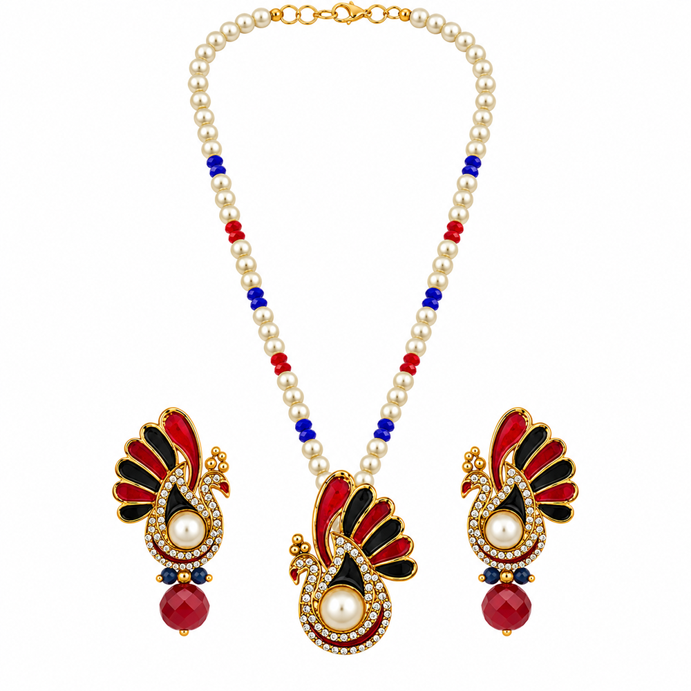 The99Jewel Red Austrian Stone Peacock Pearl Pendant Set For Women