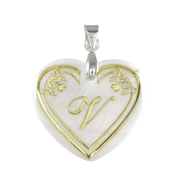 The99Jewel Alphabet V" Heart Shaped Shell Pendant