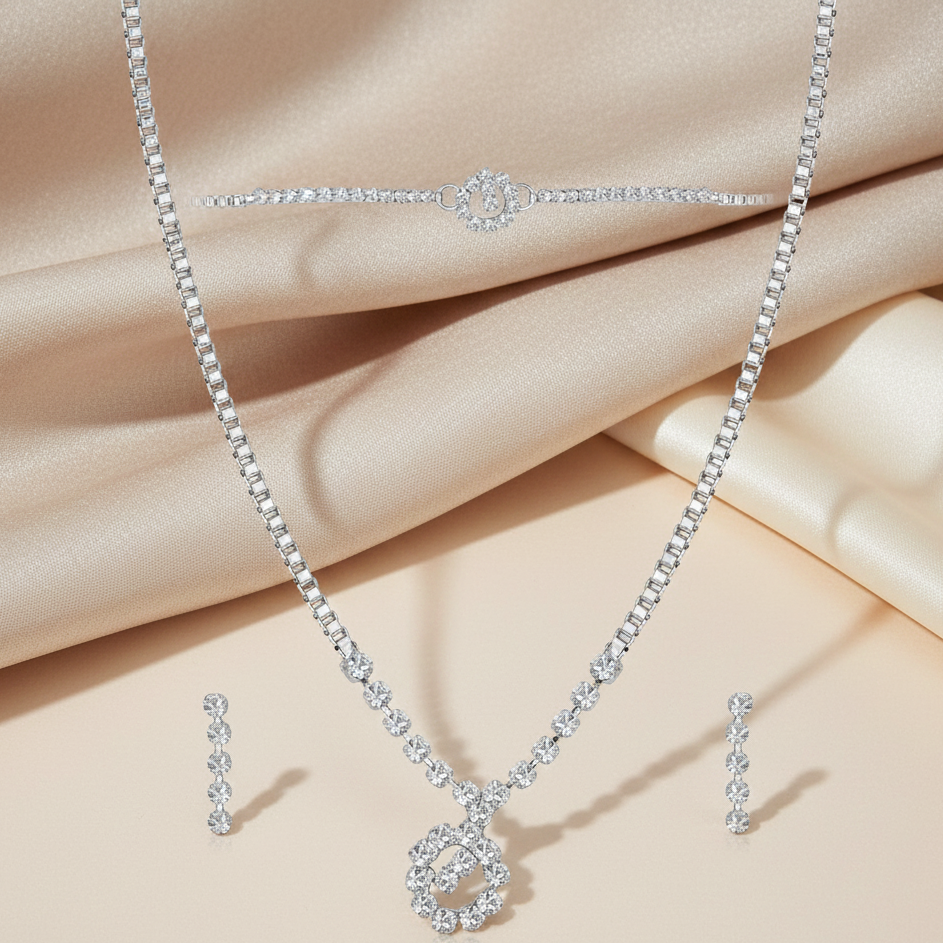 The99Jewel Austrian Stone Silver Plated Necklace Set With Bracelet