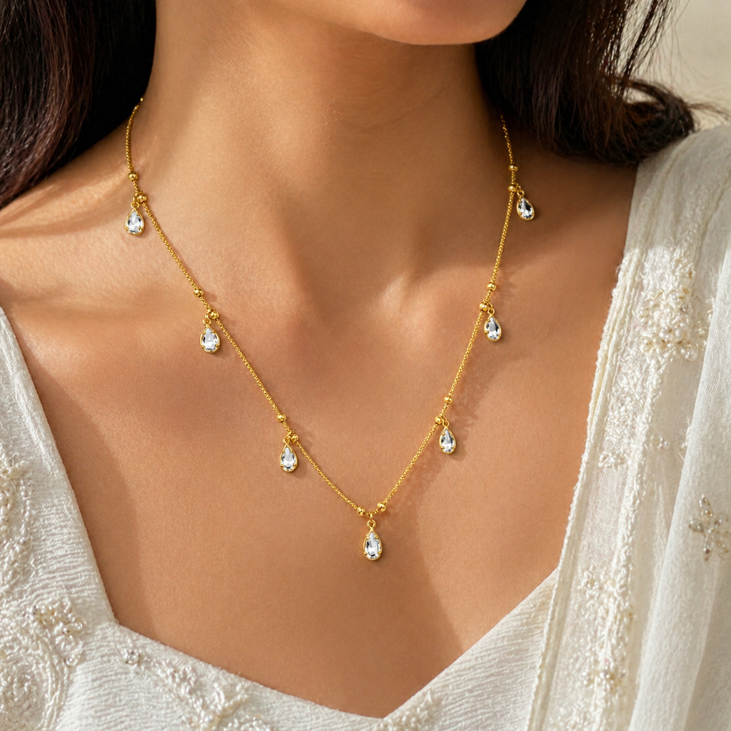 The99Jewel Elegant Gold Plated Teardrop Charm Necklace with Delicate Chain