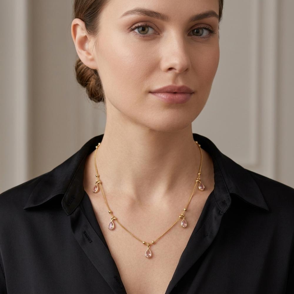 The99Jewel Minimal Gold Chain Necklace with Crystal Drop Charms