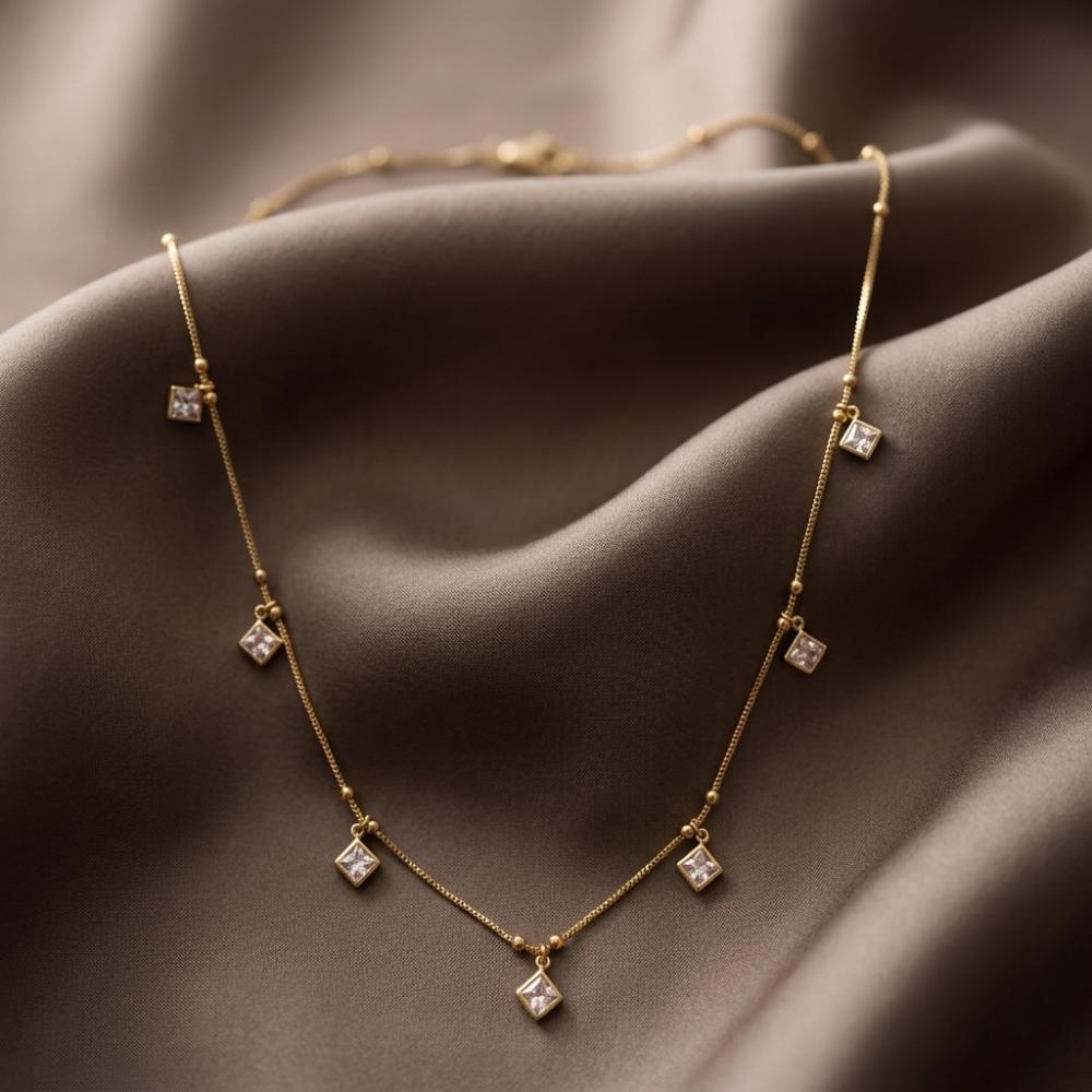 The99Jewel Minimal Gold Chain Necklace with Crystal Drop Charms
