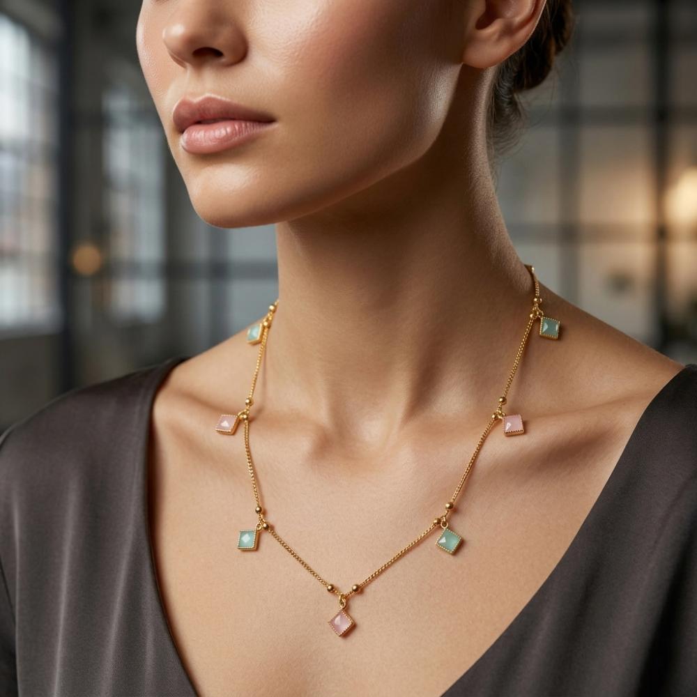 The99Jewel Minimal Gold Chain Necklace with Crystal Drop Charms