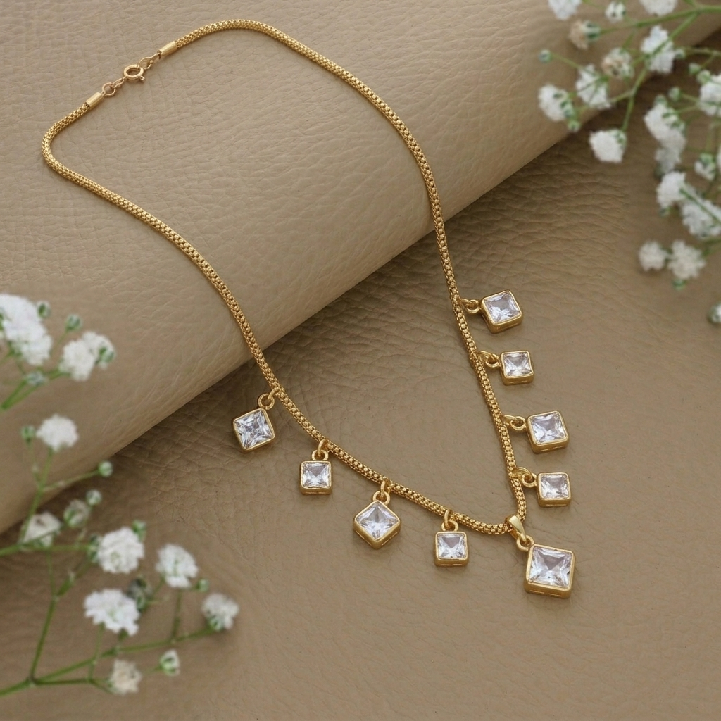 The99Jewel Minimal Gold Chain Necklace with Crystal Drop Charms