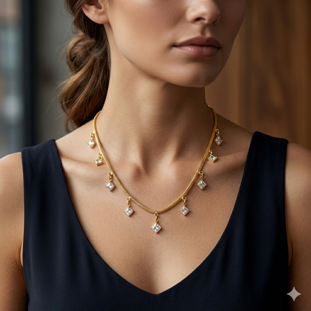 The99Jewel Minimal Gold Chain Necklace with Crystal Drop Charms
