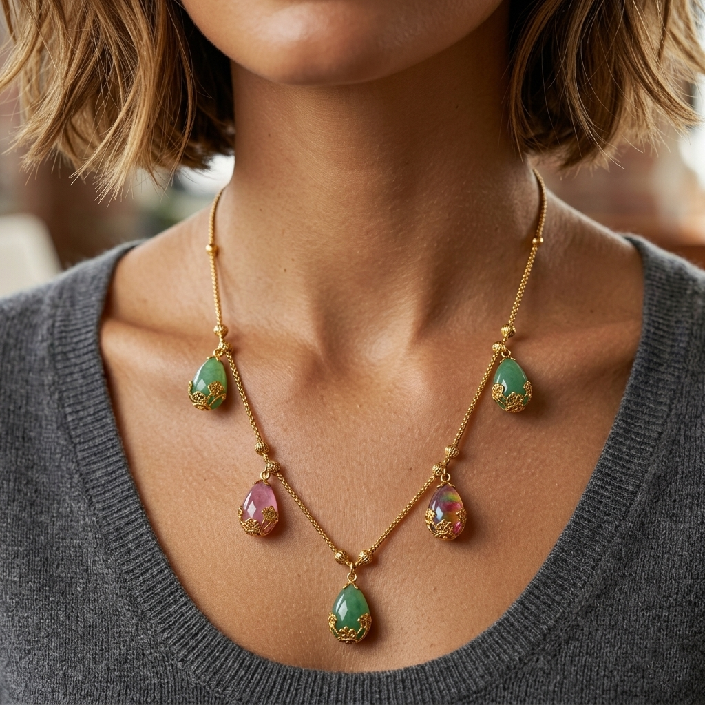 The99Jewel Minimal Gold Chain Necklace with Crystal Drop Charms