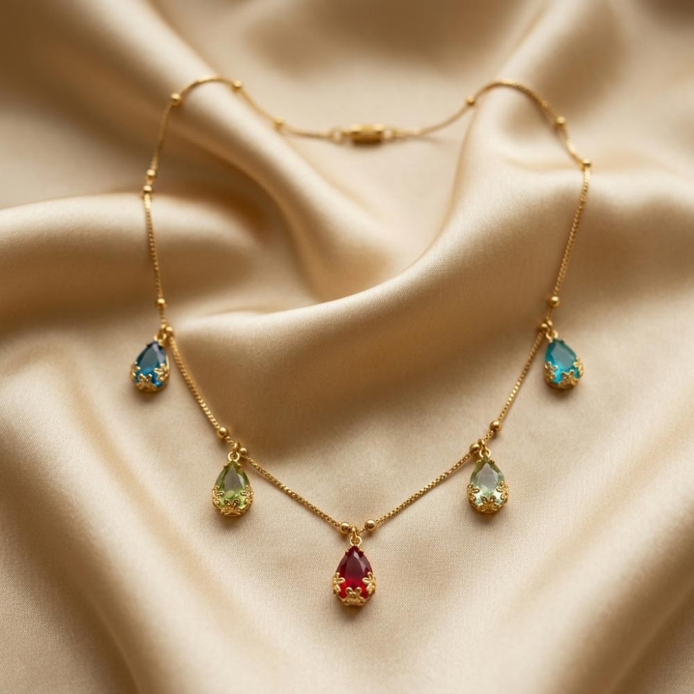 The99Jewel Minimal Gold Chain Necklace with Crystal Drop Charms