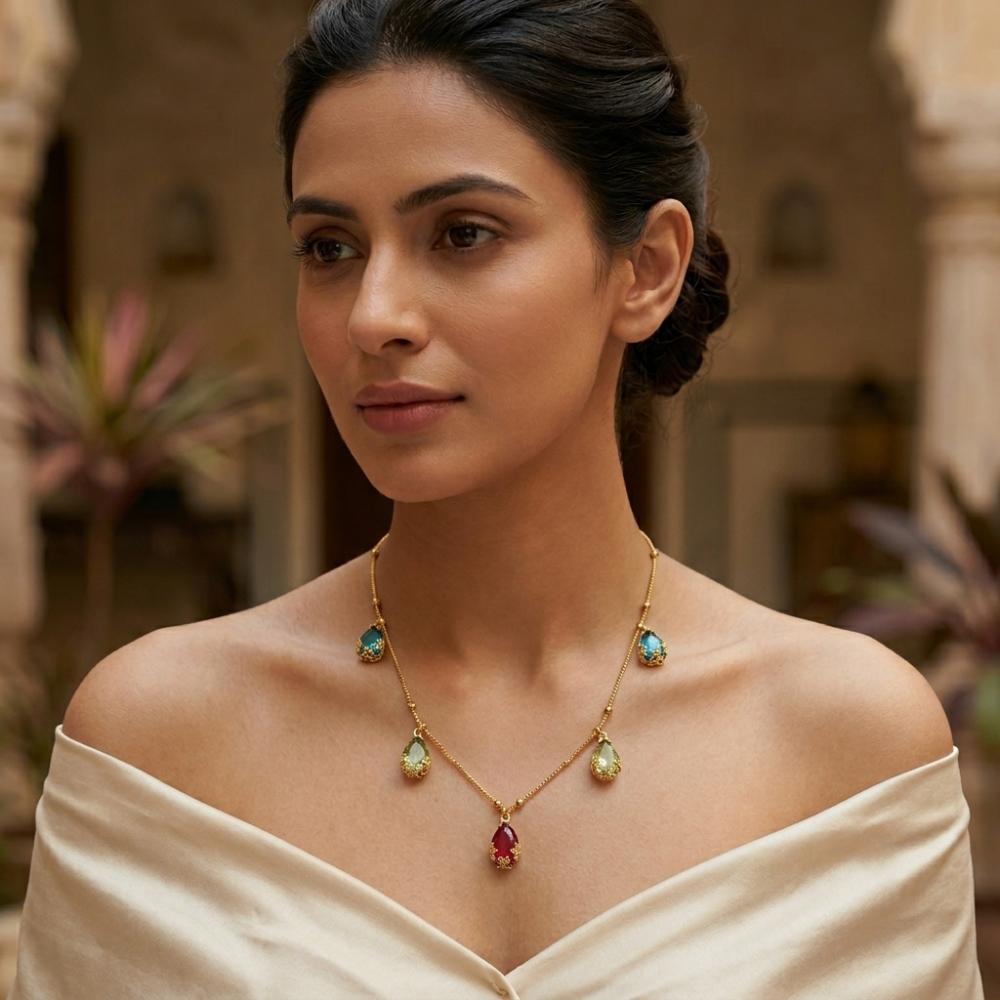 The99Jewel Minimal Gold Chain Necklace with Crystal Drop Charms