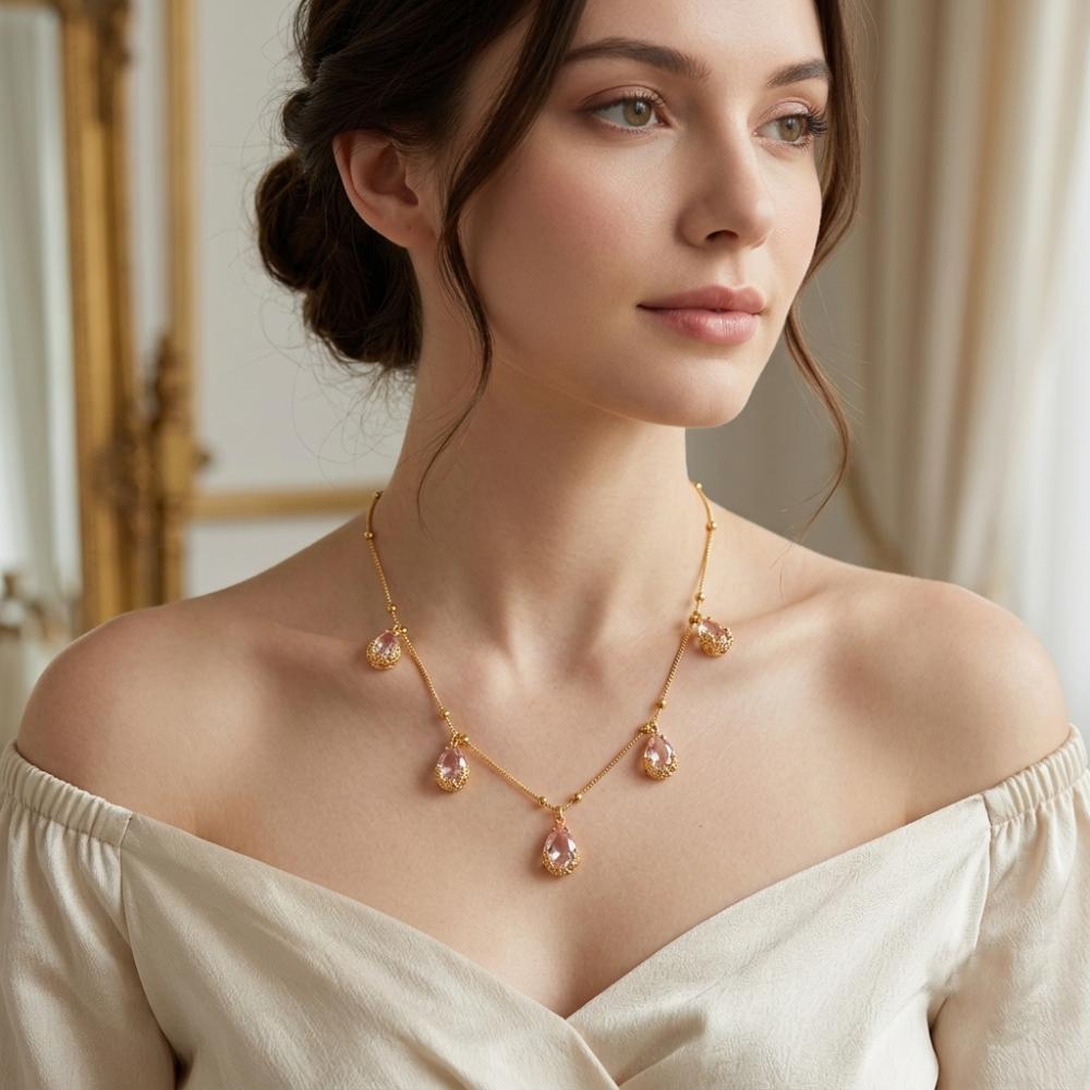 The99Jewel Minimal Gold Chain Necklace with Crystal Drop Charms