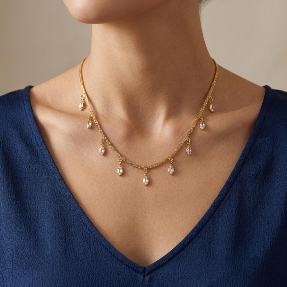 The99Jewel Minimal Gold Chain Necklace with Crystal Drop Charms