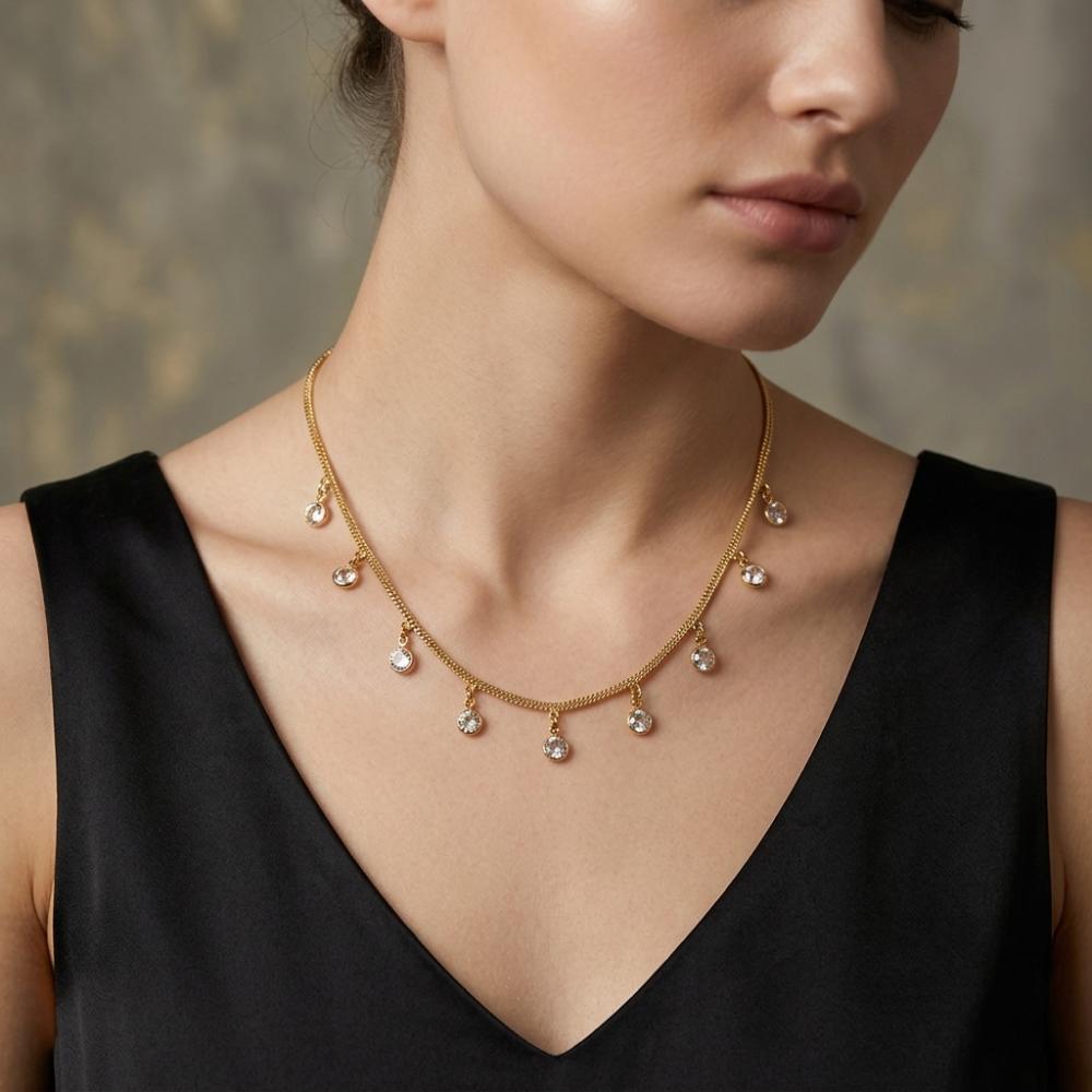 The99Jewel Minimal Gold Chain Necklace with Crystal Drop Charms