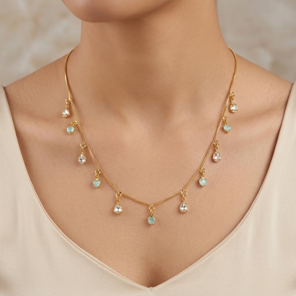 The99Jewel Minimal Gold Chain Necklace with Crystal Drop Charms