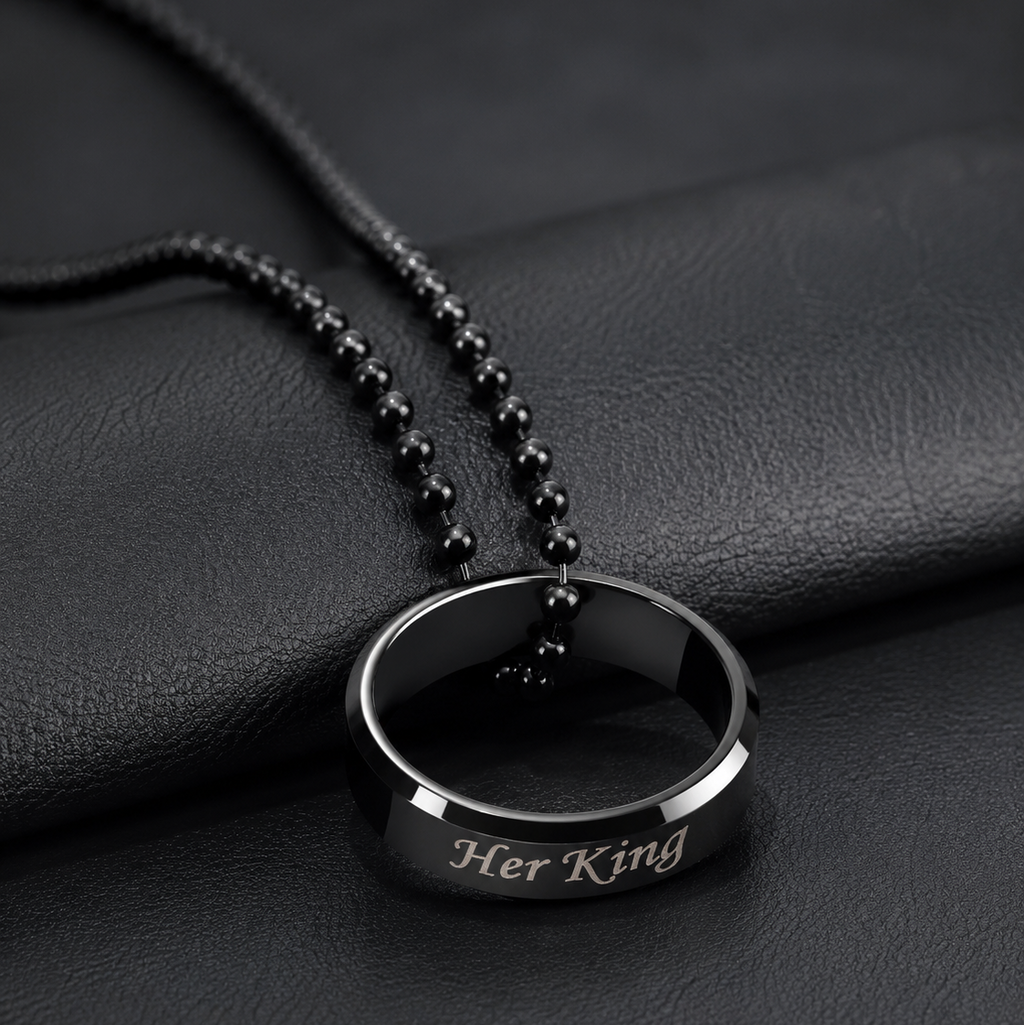 The99Jewel Black Plated "Her King " Ring Chain Pendant For Mens
