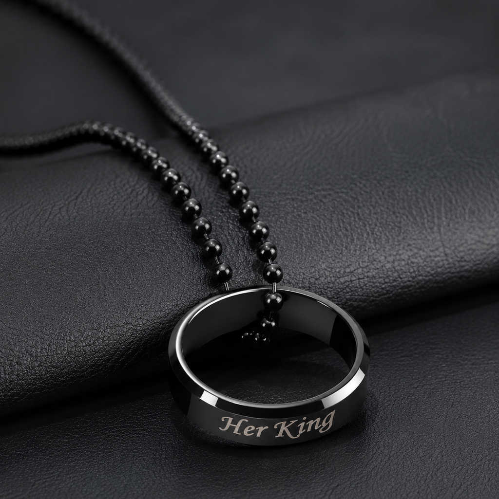 The99Jewel Black Plated "Her King And His Queen " Ring Chain Pendant Couple Combo