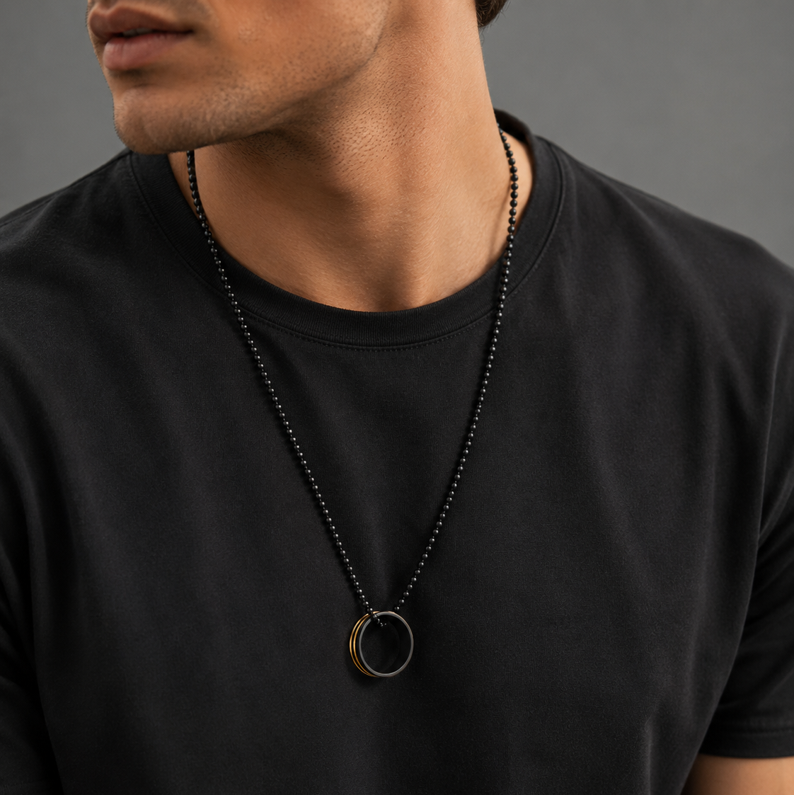 The99Jewel Black Plated With Golden Strip Ring Chain Pendant For Mens