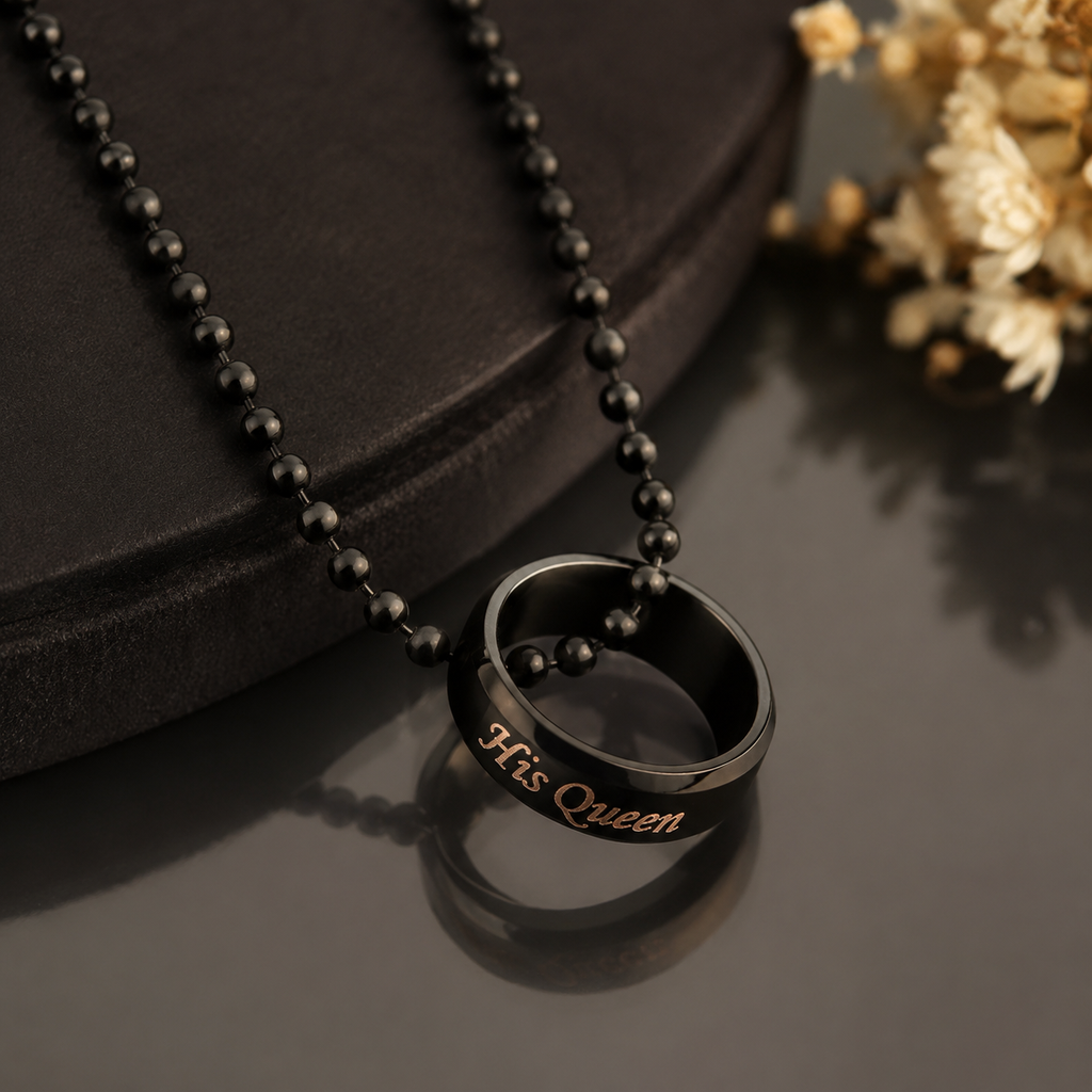 The99Jewel Black Plated "Her King And His Queen " Ring Chain Pendant Couple Combo