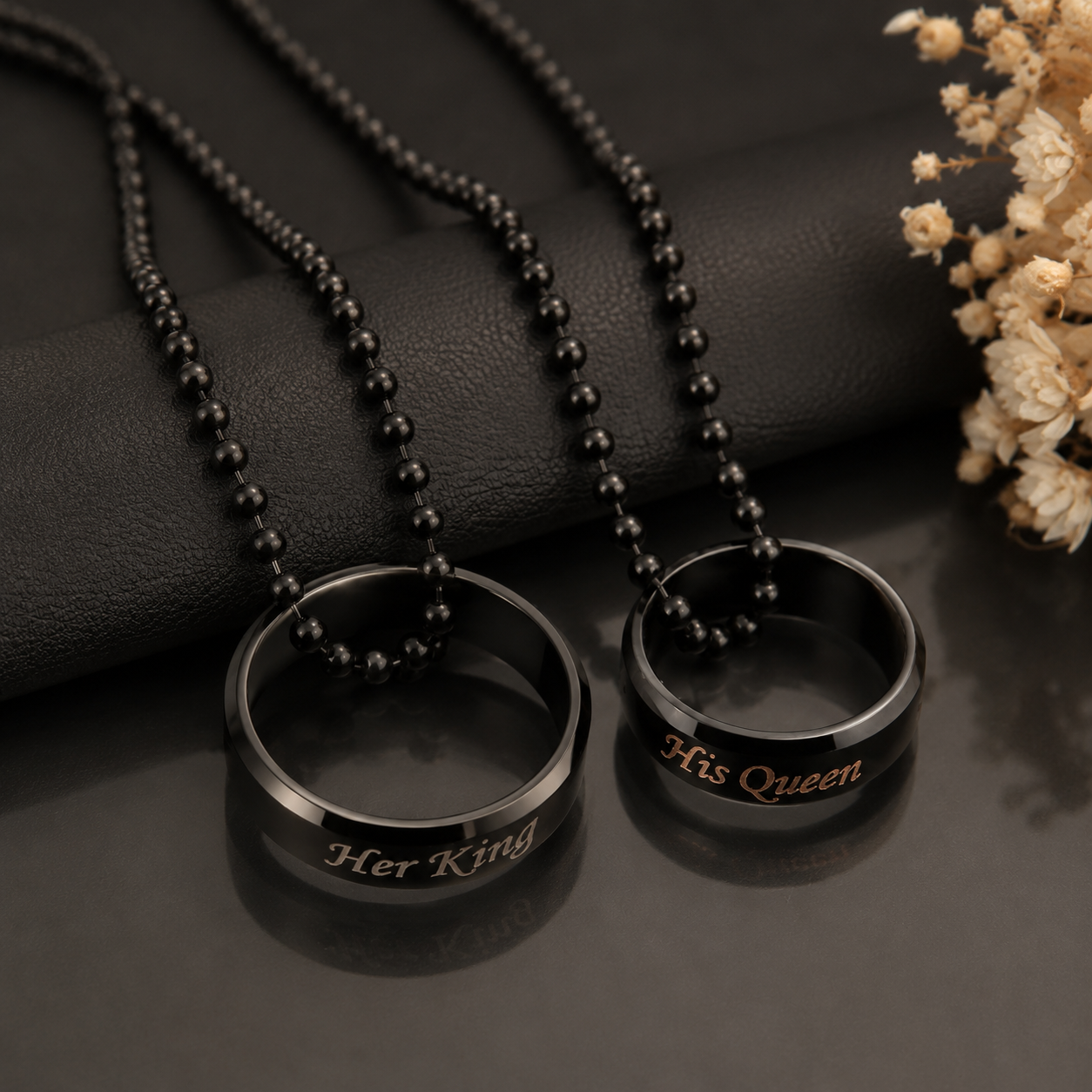 The99Jewel Black Plated "Her King And His Queen " Ring Chain Pendant Couple Combo