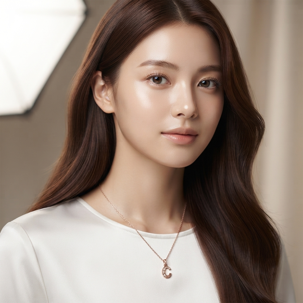 The99Jewel Rose Gold Plated Letter C Initial Chain Pendant with Austrian Stone