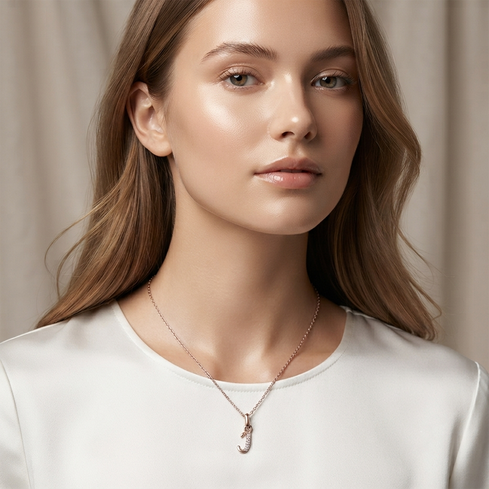 The99Jewel Rose Gold Plated Letter J Initial Chain Pendant with Austrian Stone 