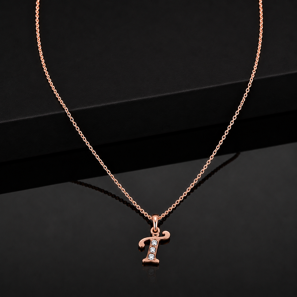 The99Jewel Rose Gold Plated Letter T Initial Chain Pendant with Austrian Stone